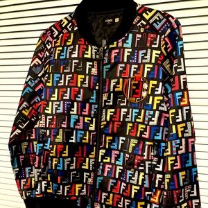 Fendi fun fair bomber jacket, pretty little things heels, Liliana gold heels